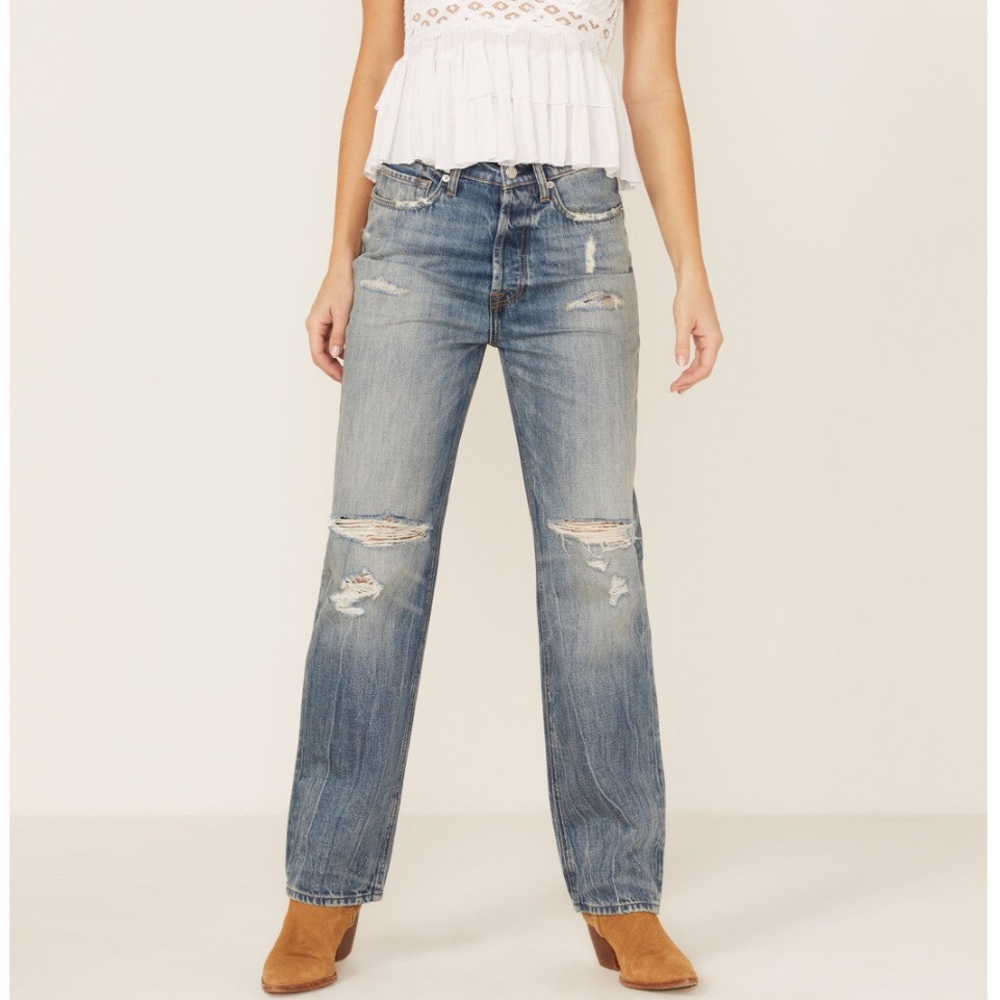 7 FOR ALL MANKIND WOMEN'S EASY STRAIGHT DISTRESSED DENIM JEANS